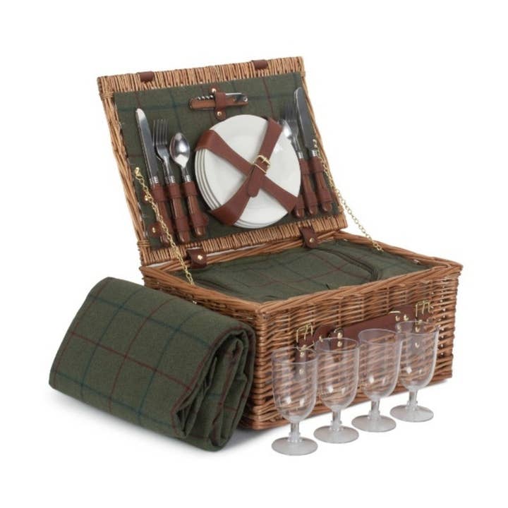 4 Person Green Tweed Classic Fitted Picnic Basket for wholesale by Red Hamper
