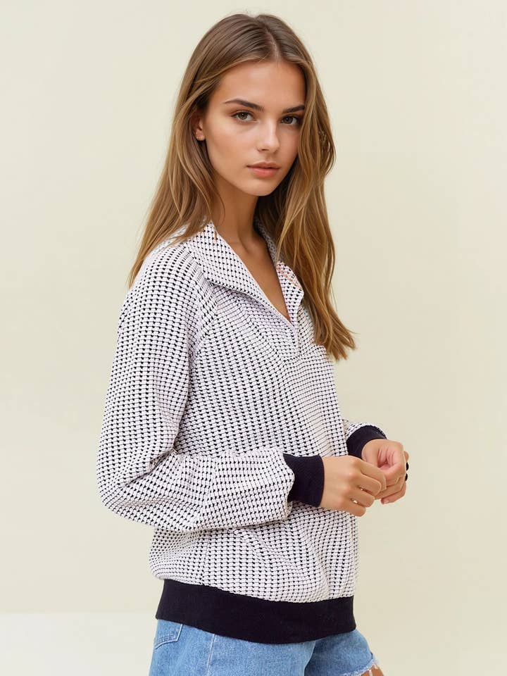 Doe and Rae – wholesale Sweatshirt – Women's – Two-Tone Oversized Collared Long Sleeve Sweatshirt - 44625T2