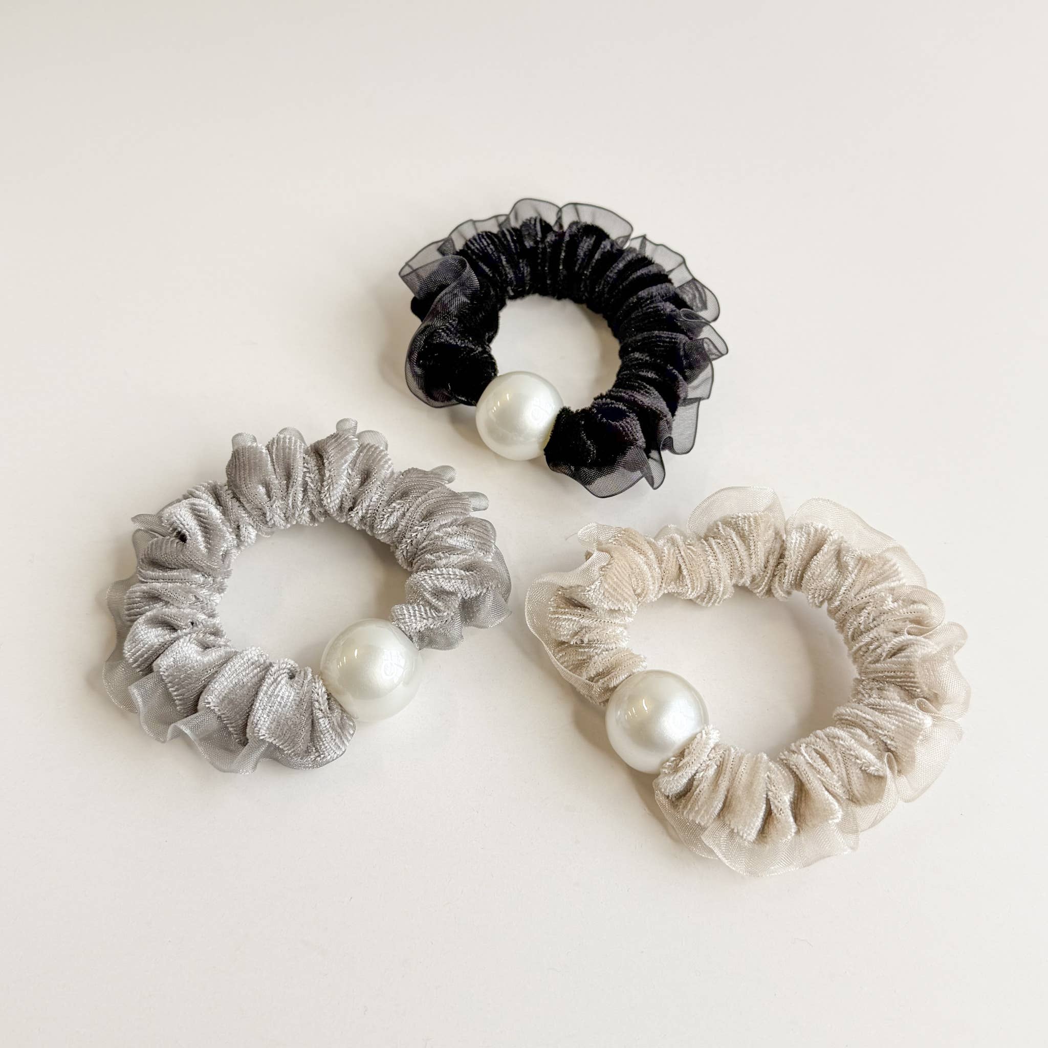 Assorted Velvet Tulle Pearl Scrunchies (Set of 3)  for wholesale on Faire1
