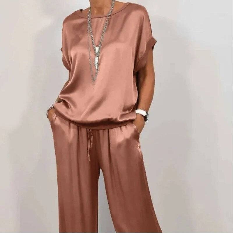 Sheer Trend - Wholesale Top & Pant Set (NOT Loungewear) - Women's - Casual Pure Color Loose Tee Wide Leg Pants Set5