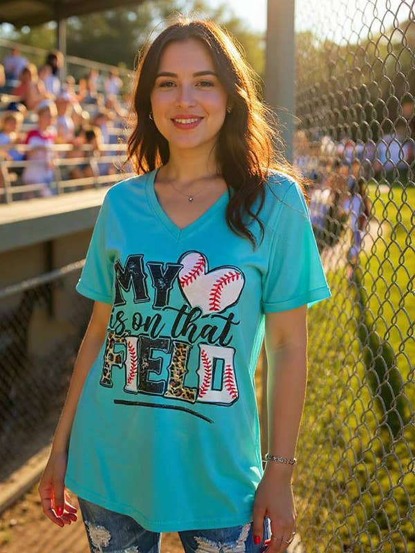 Baseball & leopard printed turquoise women t-shirt XCH13473 for wholesale by luluclothes