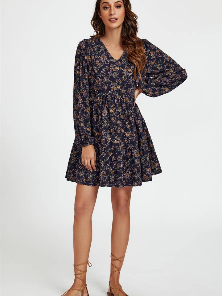 Little Floral Print V Neck Mini Dress In Navy for wholesale by FS Collection