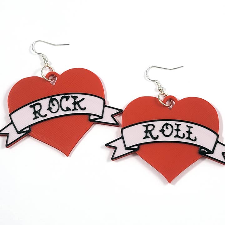 Printy Vibes - Wholesale Dangle Earrings - Rock and Roll Tattoo Heart Statement Earrings 3D Printed