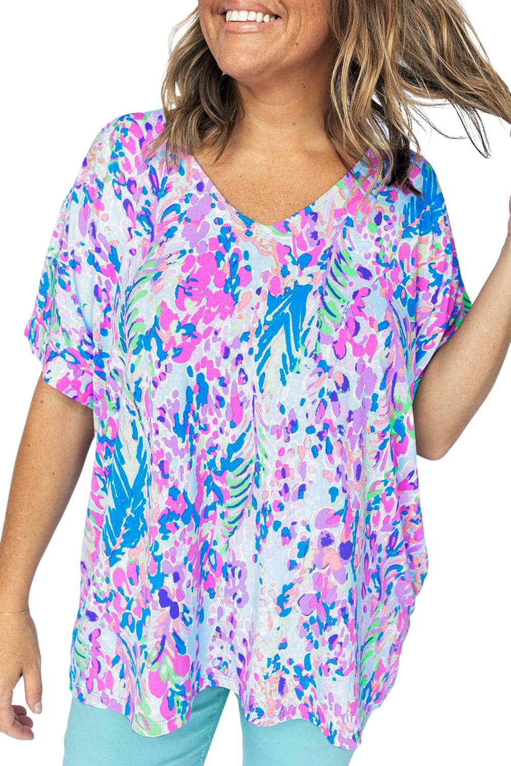 MULTI Plus Size Plant Print V Neck T-shirt for wholesale on Faire