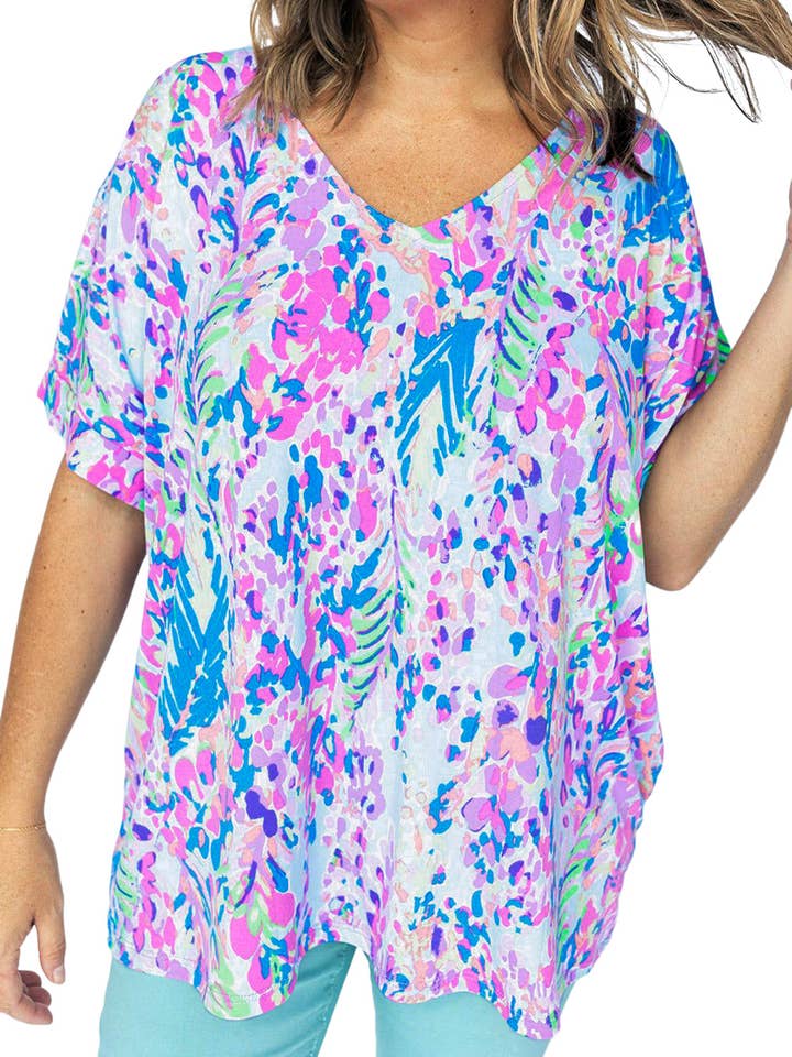 MULTI Plus Size Plant Print V Neck T-shirt for wholesale on Faire0