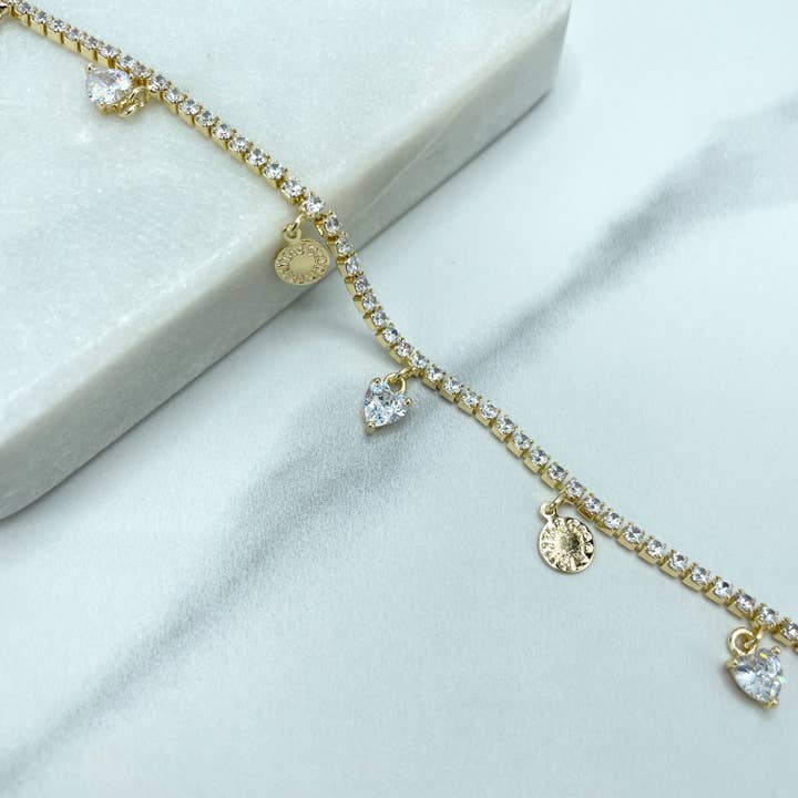 DIJU Jewelry - Wholesale Pendant/Charm Necklace - 18k Gold Filled Clear Cubic Zirconia Tennis Chain Necklace with Dangle Hearts Shape Zirconia Charms and Gold Medals, Wholesale Jewelry