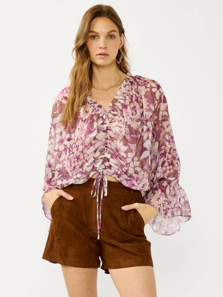 Ruched V-Neck Billowy Blouse for wholesale by Lovestitch