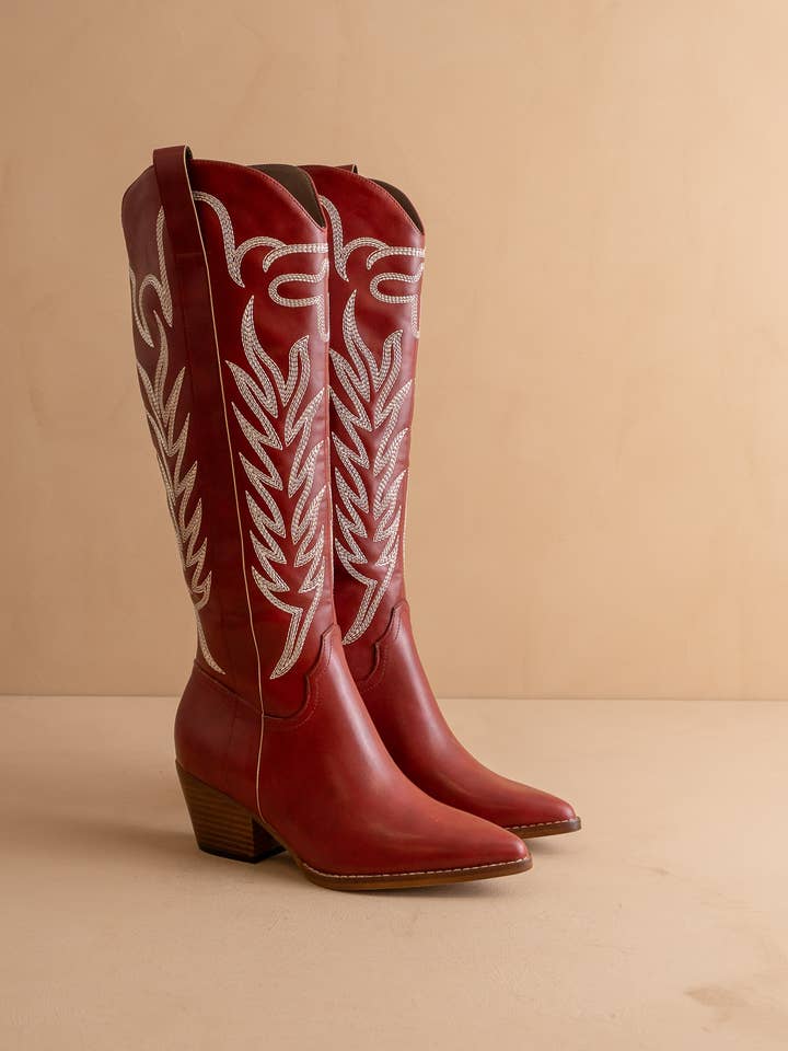 The Samara | Red Embroidered Tall Boot for wholesale on Faire1