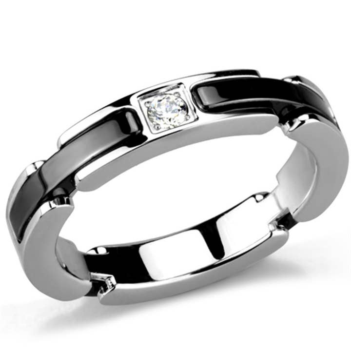 3W962 - High polished (no plating) Stainless Steel Ring with Ceramic in Jet for wholesale by Alamode