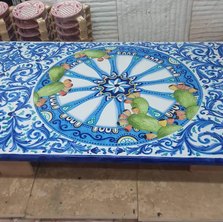 DD Ceramiche Siciliane - Wholesale Side Table - Rectangular Table Mediterranean Cart (SG) – Decorated Lava Stone