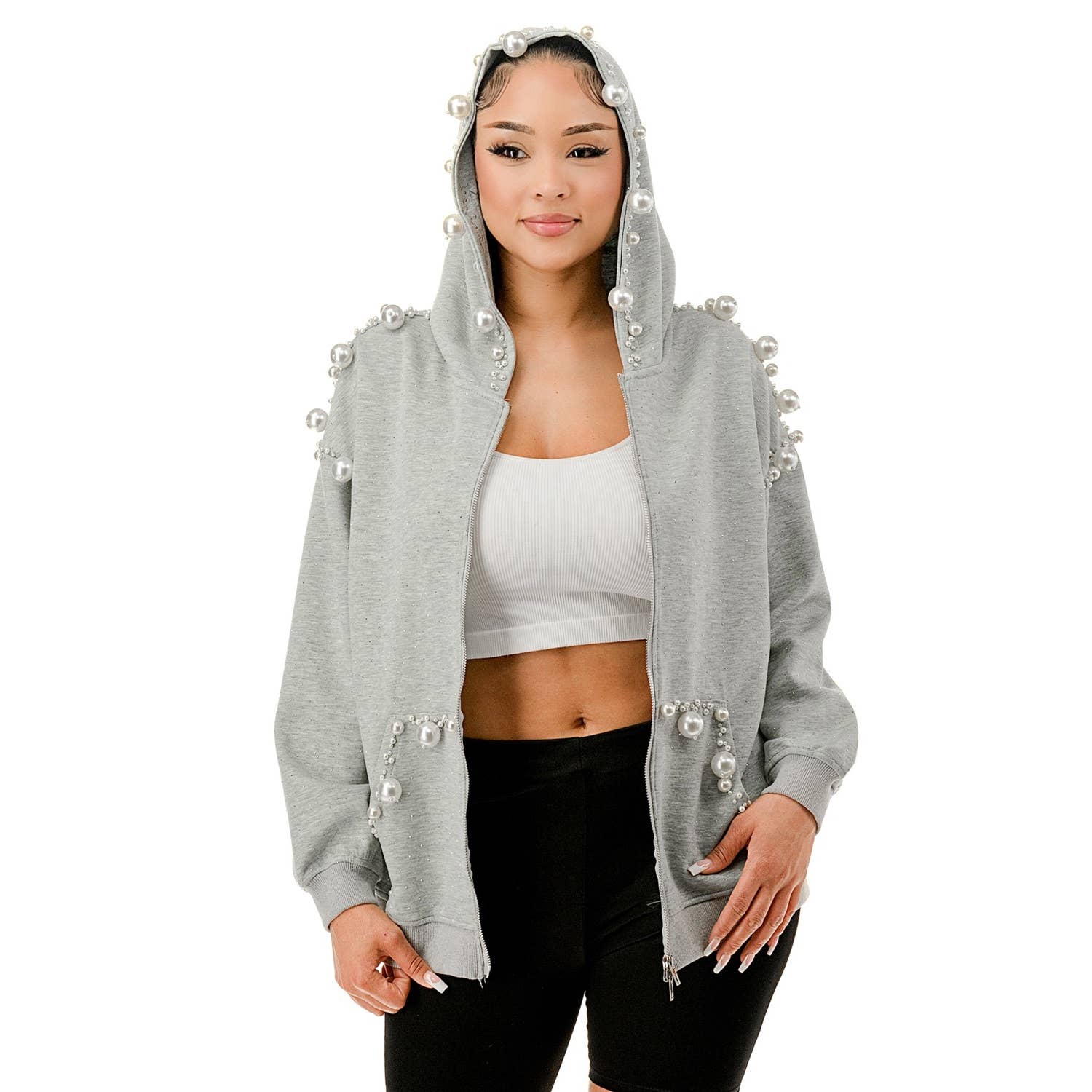 DORCAS - Wholesale Jacket - Women's - Big Pearls Zip Up Hoodie0
