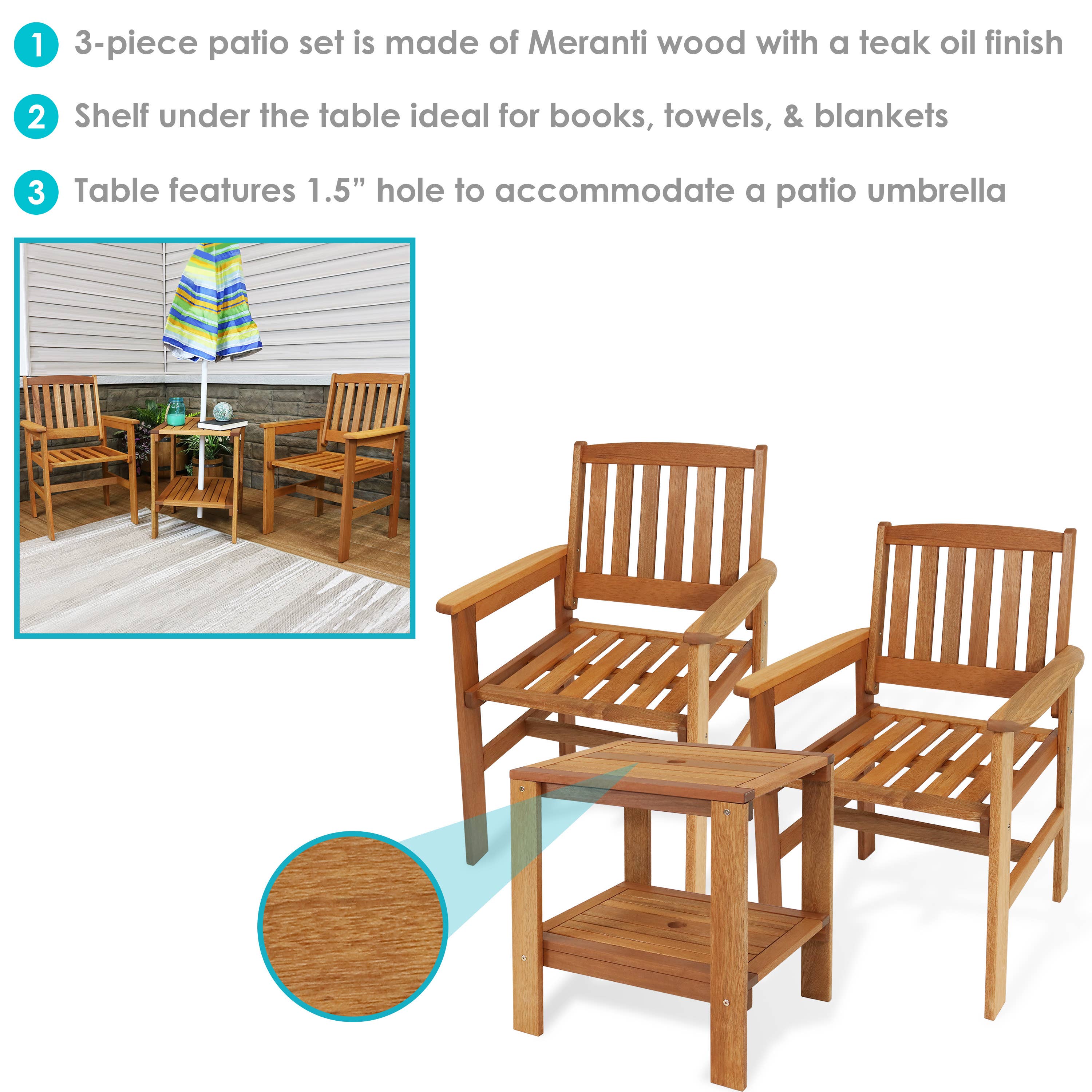 Sunnydaze Decor - Wholesale Patio Set - Meranti Wood 3-Piece Patio Conversation Set with 2 Chairs2