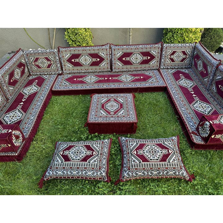 The Loom Wholesale - Wholesale Bank - Handgemaakte Vloerzitbank Set - Traditionele Ottomaanse Poef8