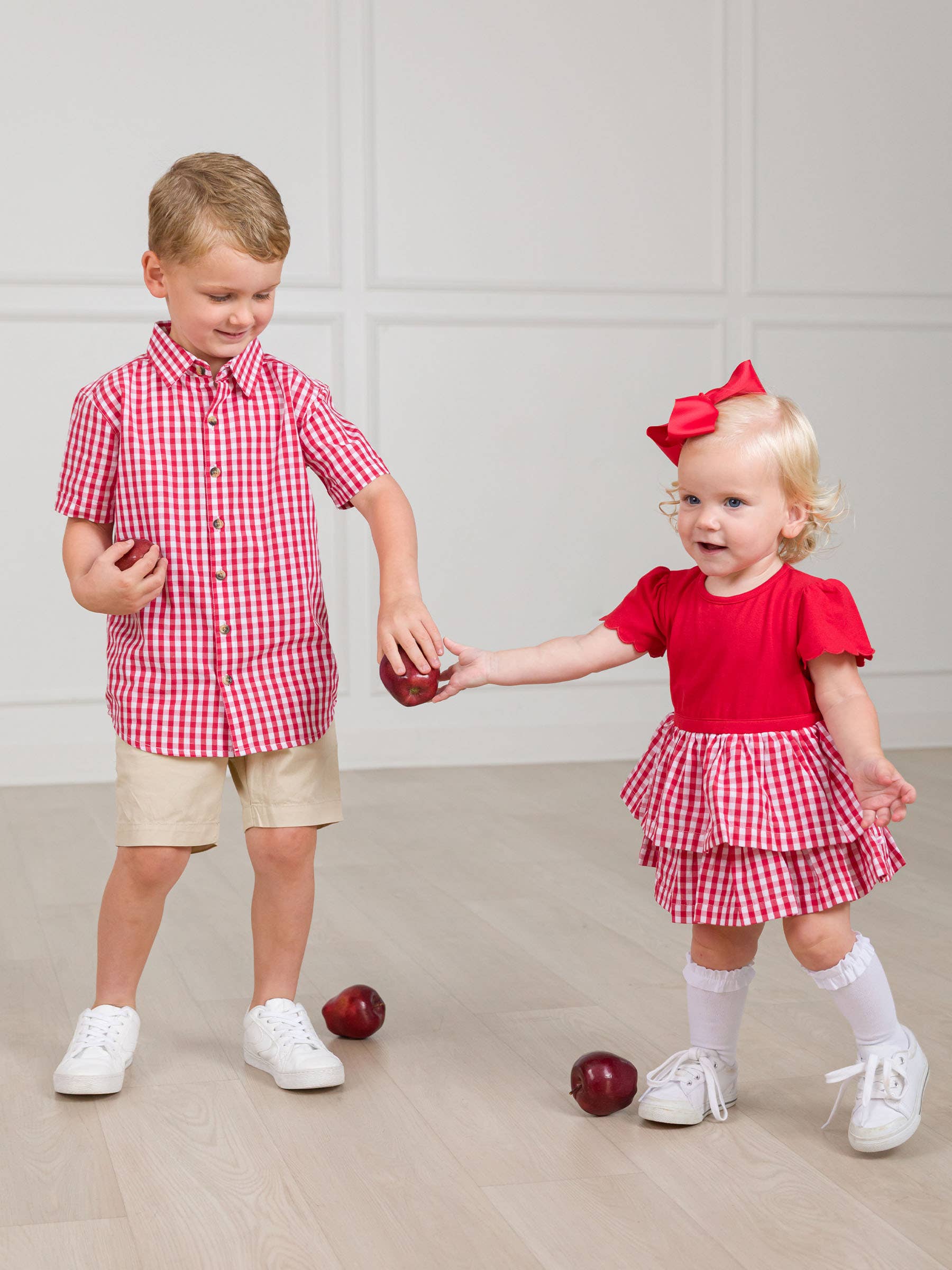 Baby Girls Classic Red Gingham Short Sleeve Skirted Romper for wholesale on Faire3