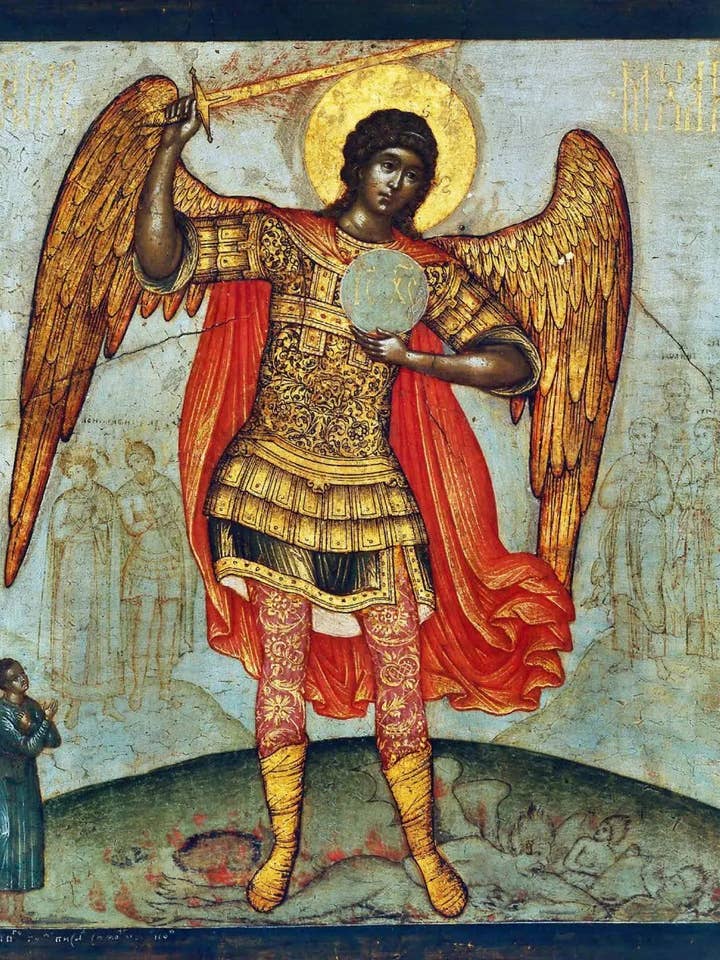 The Archangel Michael trampling the devil. Wooden orthodox icon for wholesale by Iconsofsaints