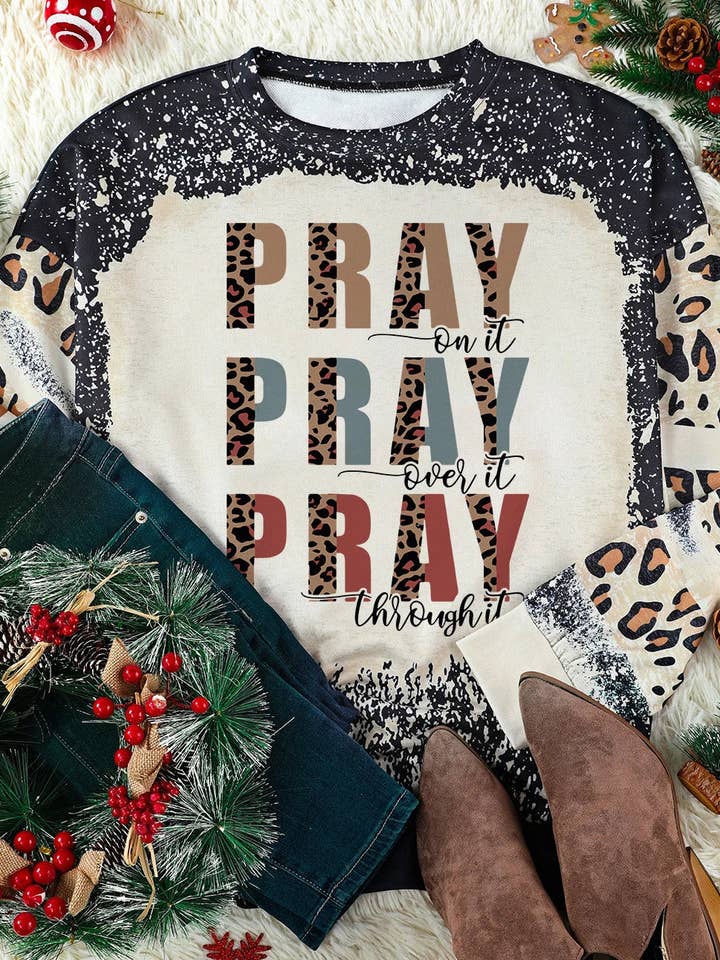 Black PRAY Letter Leopard Bleached Color Block Sweatshirt for wholesale on Faire2