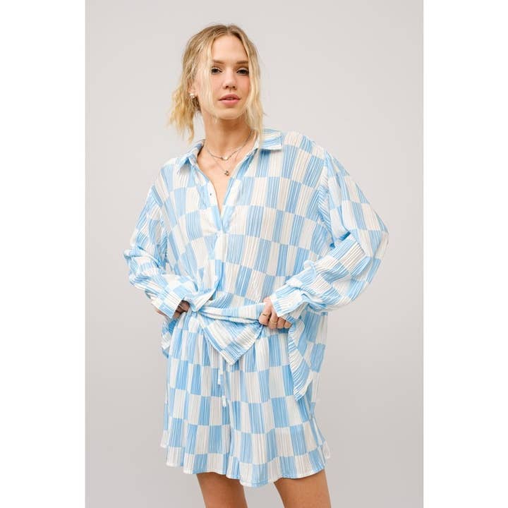 Set Checker Plisse Long Sleeve Top and Short for wholesale by BNS