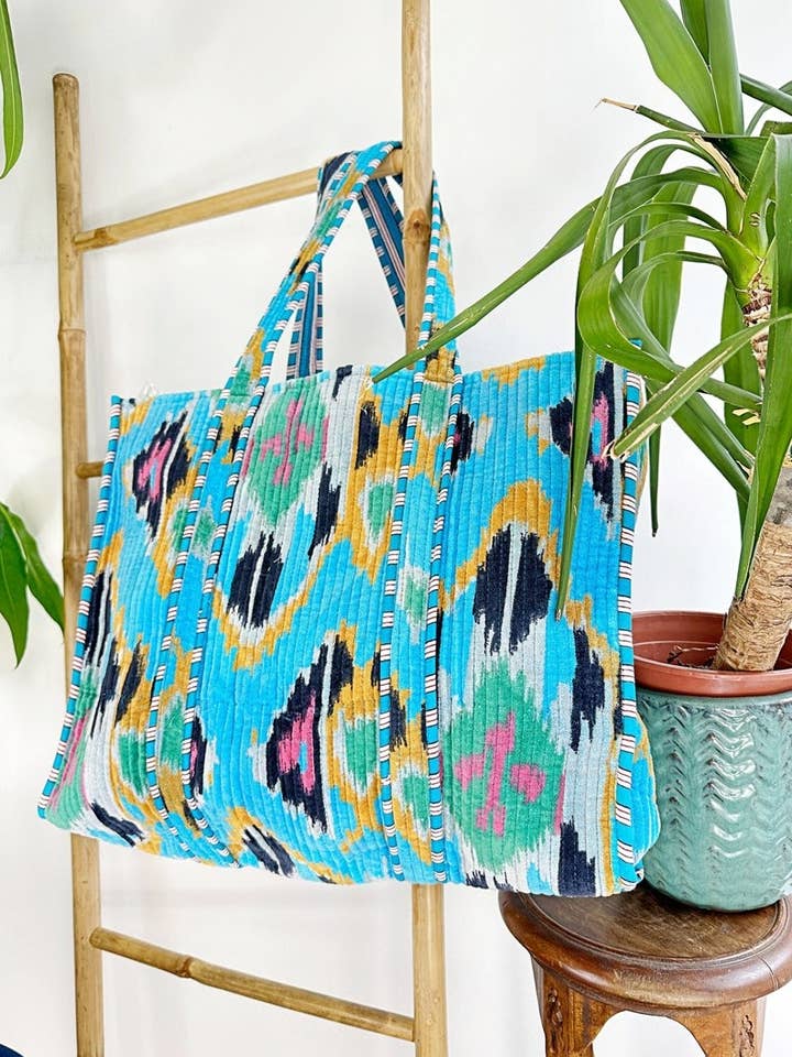 Quilted Velvet Cotton Reversible Oversize Tote Bag Beach Weekender Eco friendly Sturdy Grocery Shop Boho Summer Turquoise Blue Mustard Green for wholesale by Essential Designs London