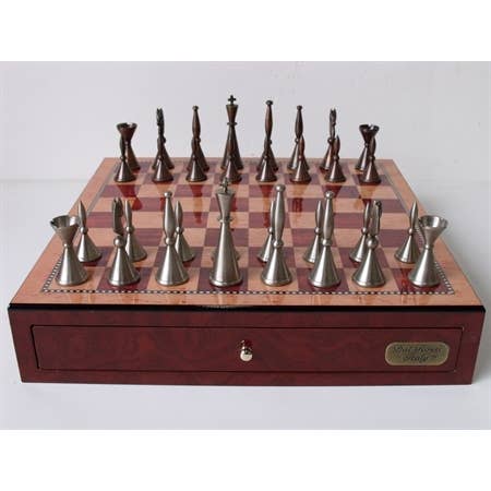 Staunton Metal Chess Set with Drawers, Red Mahogany Finish for wholesale by Dal Rossi Italy