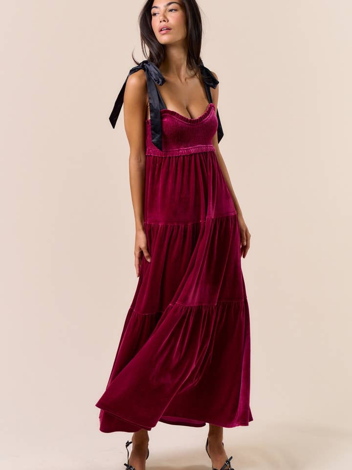 ILD5094 VELVET SATIN BOW SHOULDER TIE MAXI DRESS for wholesale by Lalavon
