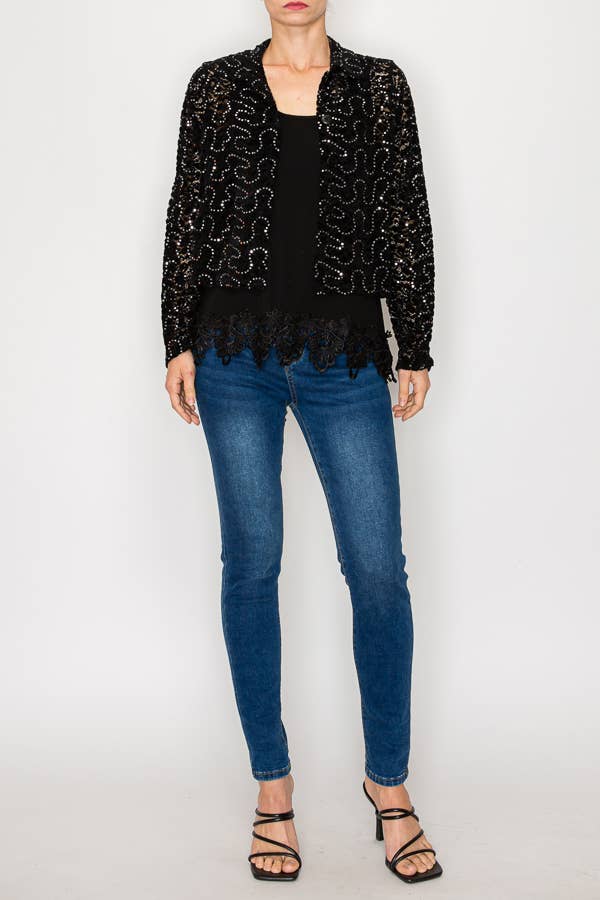 BK Cropped Sequin Embellished Button-Up Jacket - 4811BK for wholesale on Faire3