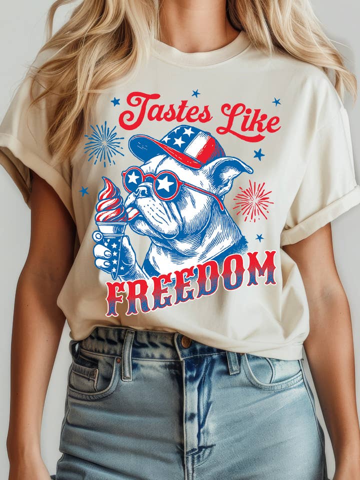 Amused by Blue - Wholesale Screen Printed T-Shirt - Women's - Women Freedom Dog Graphic Print Short Sleeve Top