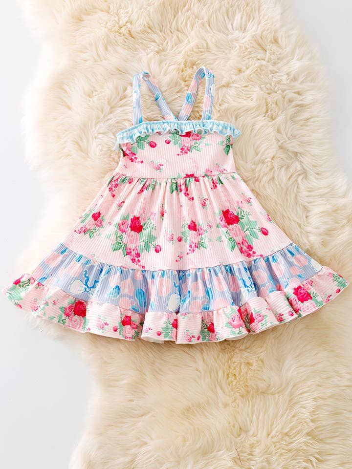 Kids Charm Online - Wholesale Dress - Kids - Girls rose and multi printed ruffle dress. DRG41149 SOL