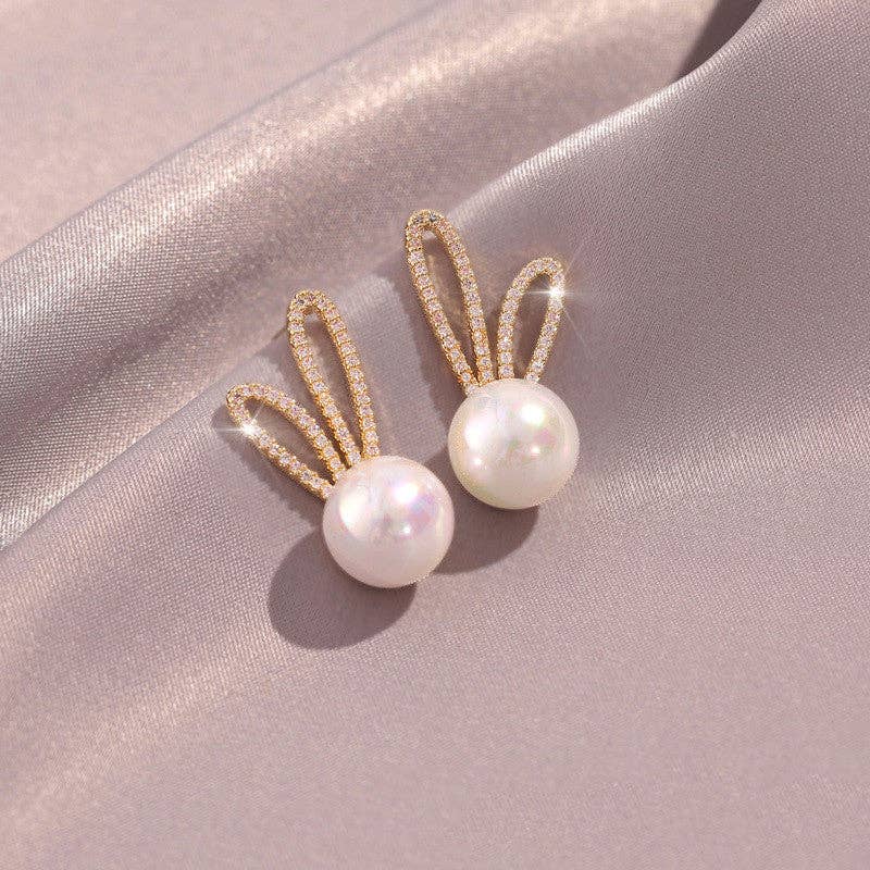 Perimade & Co. LLC - Wholesale Stud/Post Earrings - Dainty Cute Bunny Rabbit Pearl Stud Earrings in Solid Copper2