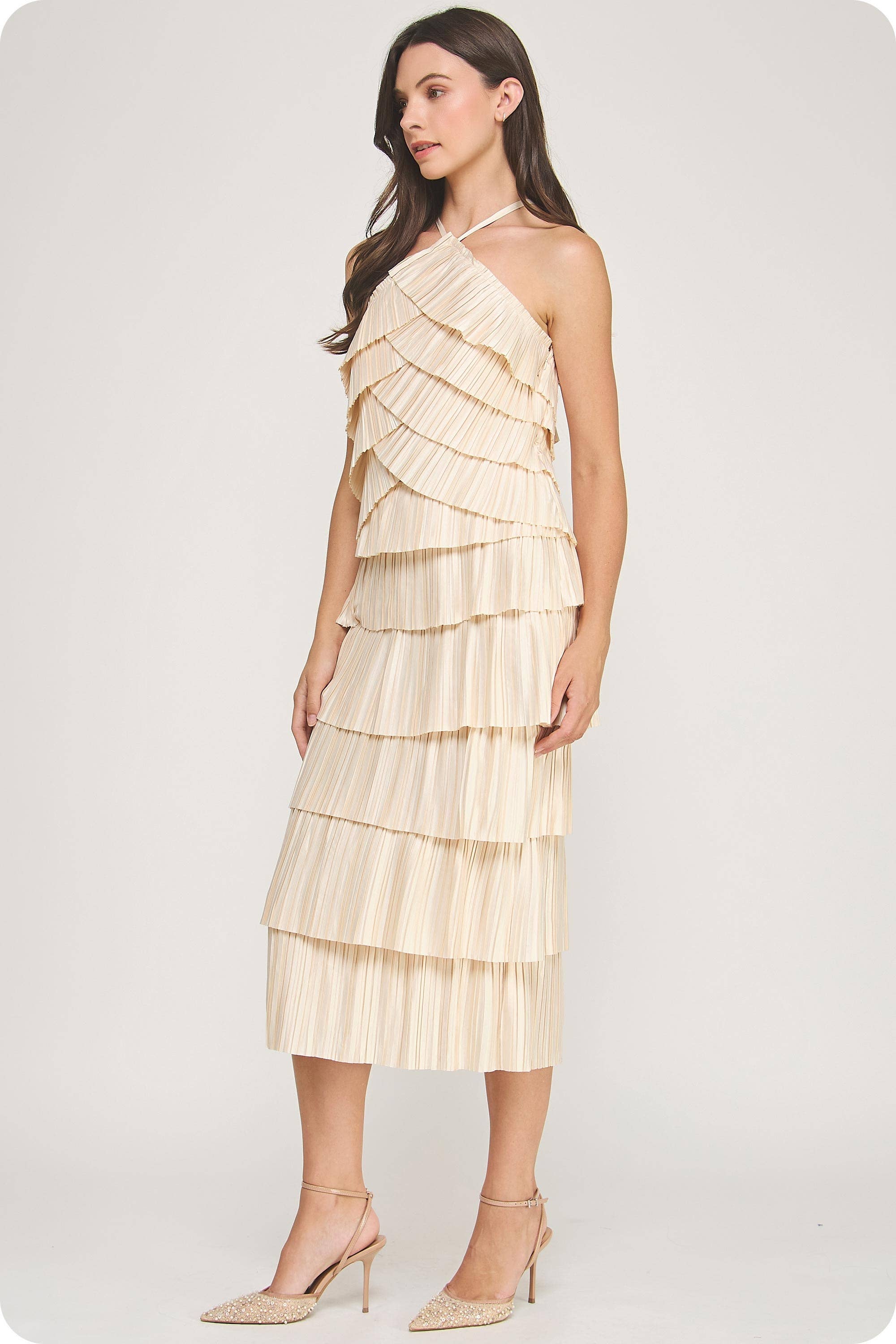 Strut & Bolt - Wholesale Skirt - Women's - Pleated Satin Tiered Midi Skirt5