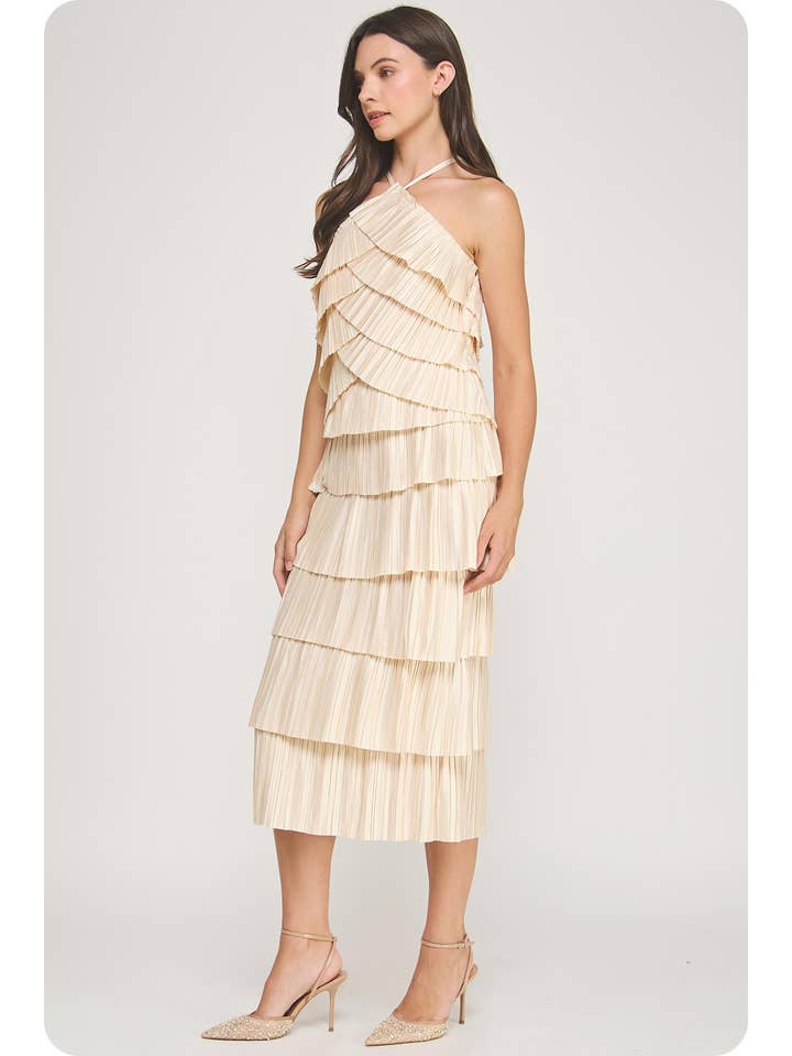 Strut & Bolt - Wholesale Skirt - Women's - Pleated Satin Tiered Midi Skirt5