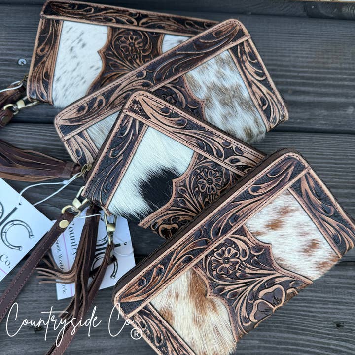 Adeline Cowhide Tooled Leather Wallet Wristlet for wholesale by Countryside Co.