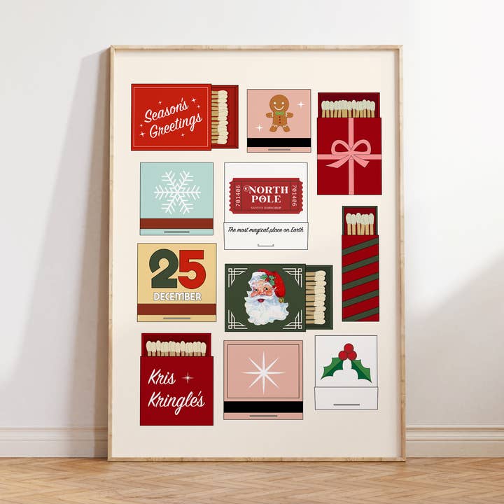 Retro Christmas Matchbooks Print for wholesale by Poppermost Prints