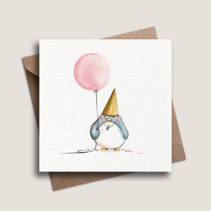 PrettyLittleScribbles - Venta al por mayor Tarjetas de felicitación - Tarjeta Penguin & Pink Balloon