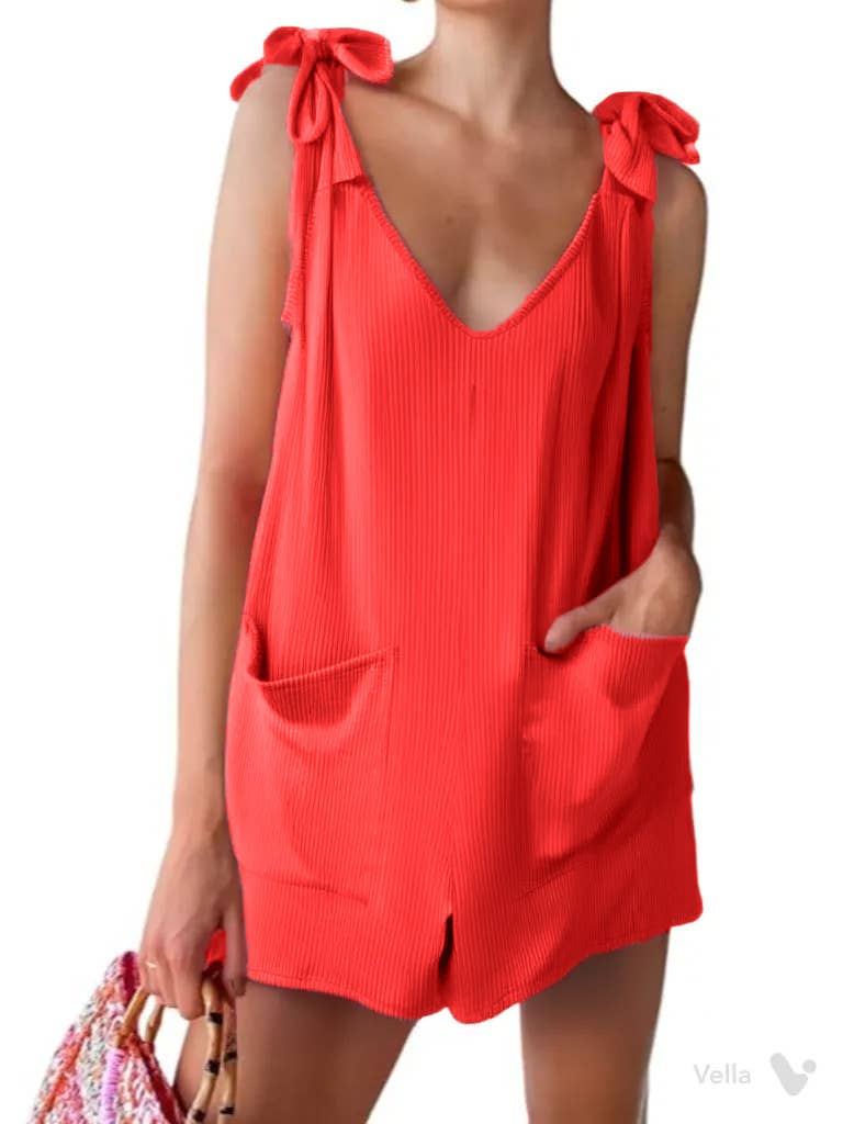 Burgundy Apparel - Wholesale Romper - Women's - WAVE RIB V-NECK SHOULDER TIE ROMPER2