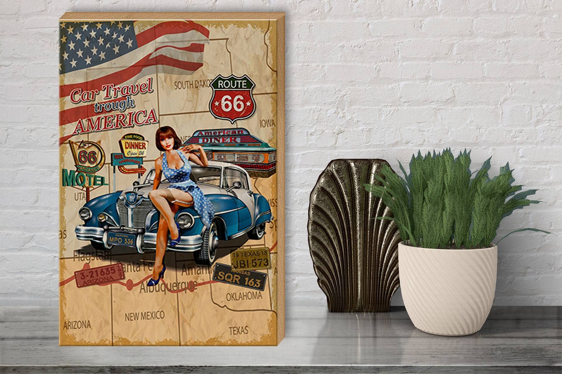 Femer - Wholesale Sign - Pinup Car Travel Trough America Retro Wooden Sign 30x40cm2