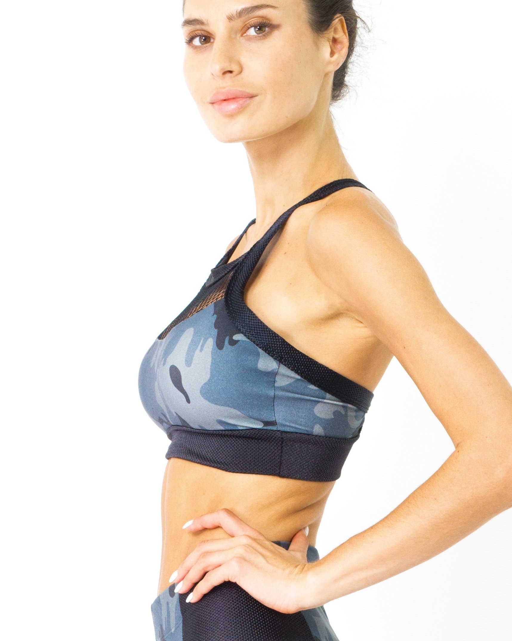 Grey Camouflage Veloso Supplex Sports Bra with Mesh Trim for wholesale on Faire12