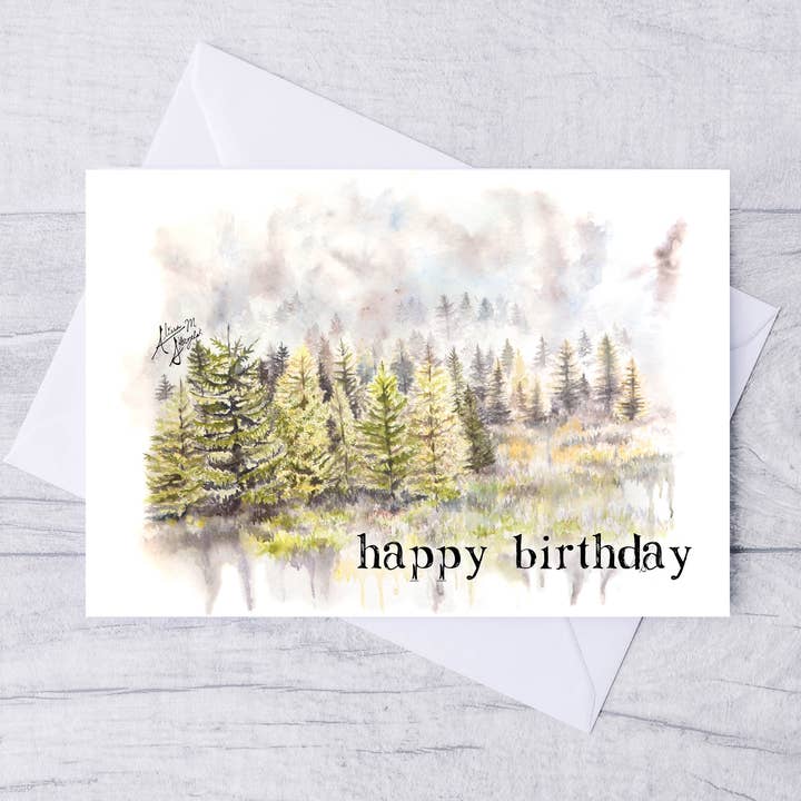 Pinhal Floresta Nº2 Aguarela Cartão de Feliz Aniversário Dobrado por atacado de Art Reflects Light