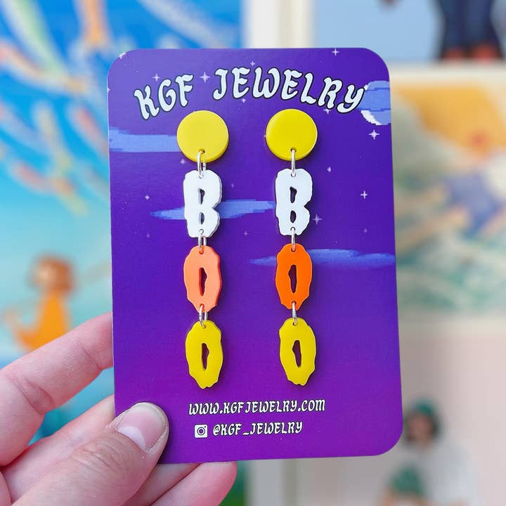 Orecchini e portachiavi artigianali in acrilico Candy Corn Boo Dangles per la vendita all'ingrosso da parte di KGF Studios