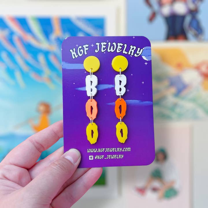 Pendientes y llaveros de acrílico hechos a mano Candy Corn Boo Dangles para venta al por mayor de KGF Studios
