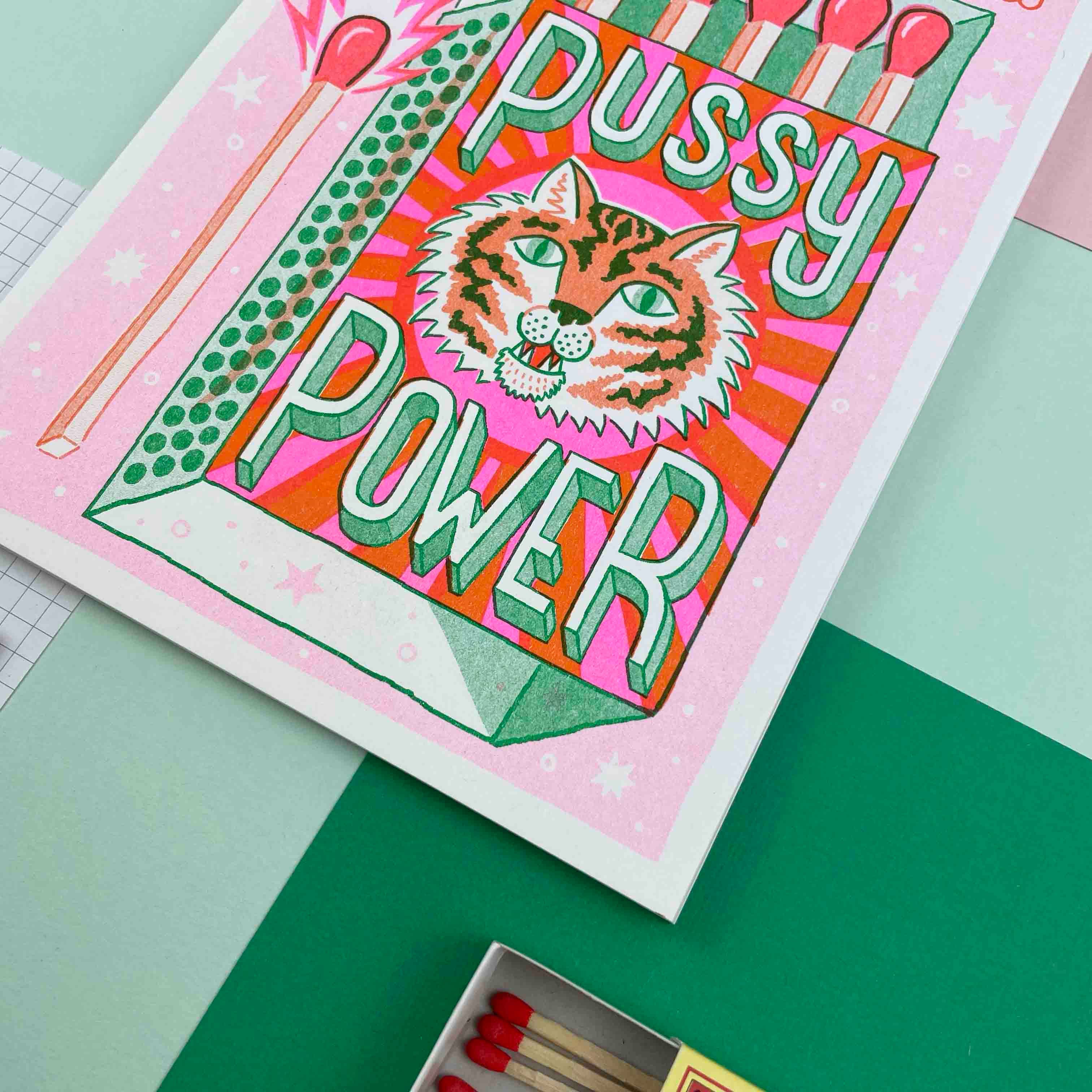 Jacqueline Colley - Wholesale Art Print - A5 Pussy Power Matchbox, Risograph Print5