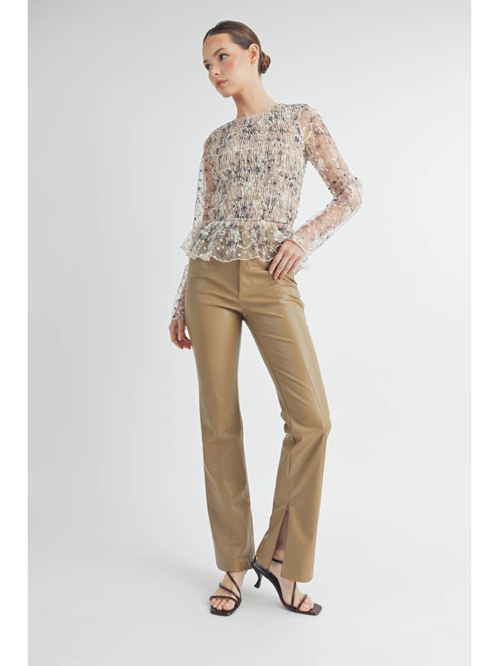 cream Sheer Smocked Embroidered Mesh Peplum Top for wholesale on Faire10