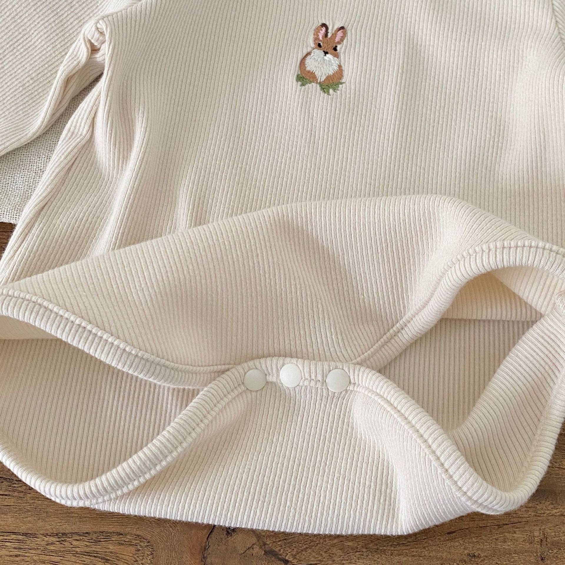 Beige Autumn Arrival Baby Girls Long Sleeves Simple Rabbit Embroidered bodysuit for wholesale on Faire5