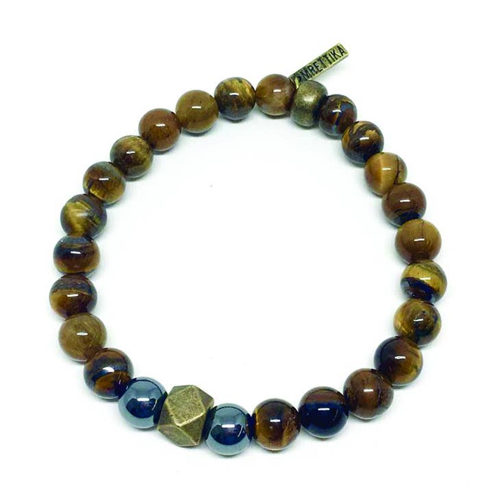 Pulsera elástica de ojo de tigre y hematita con detalles de latón para venta al por mayor de Mr. Ettika
