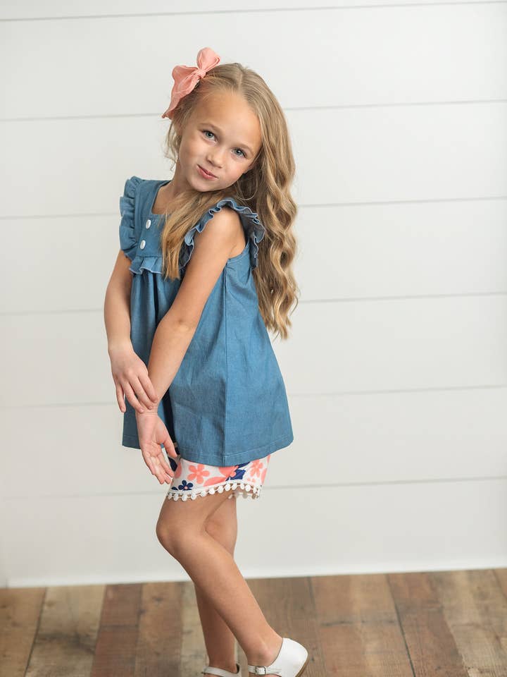 Adorable Sweetness - Wholesale Top & Short Set - Kids - Girls Coral Floral Jean Ruffle Spring Summer 2 Piece Set