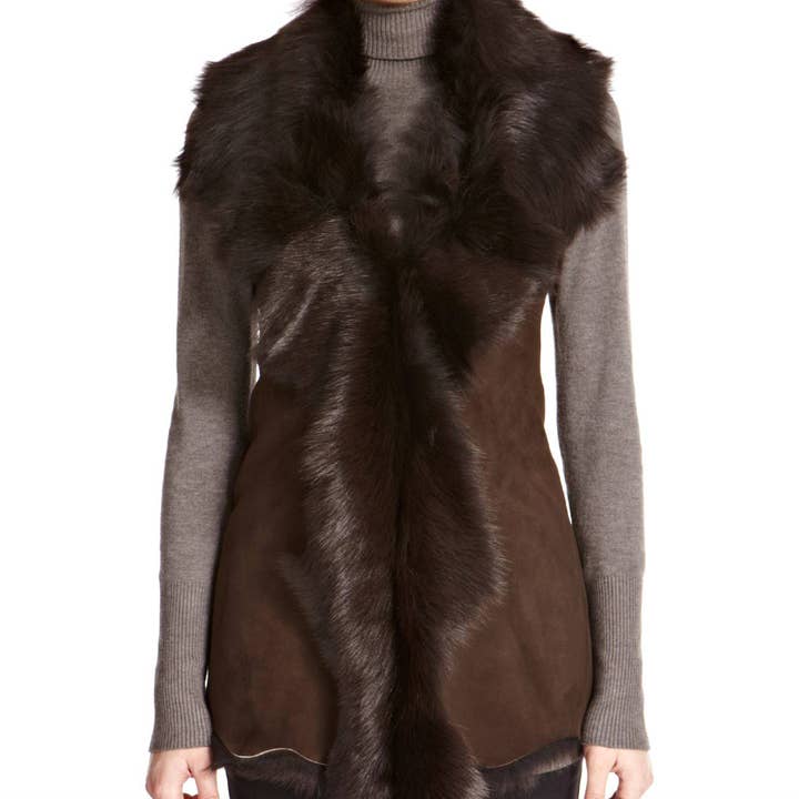 Handgjord brun mocka vattenfall fårskinn höftlång väst för wholesale av A to Z Leather