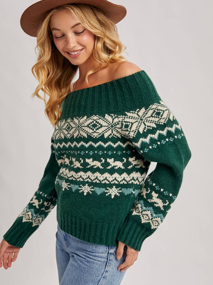 Bluivy - Wholesale Knit Sweater - Women's - FAIR ISLE OFF SHOULDER KNIT SWEATER - HOLIDAY16