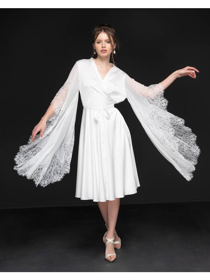 KÂFEMME and Co - Wholesale Dress - Women's - Angel Midi Wrap Sheer Sleeve Dress White