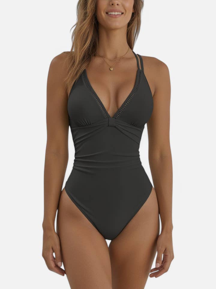 Ruched Deep V One-Piece Swimsuit with Twist Front for wholesale by Anna Kaci Wholesale