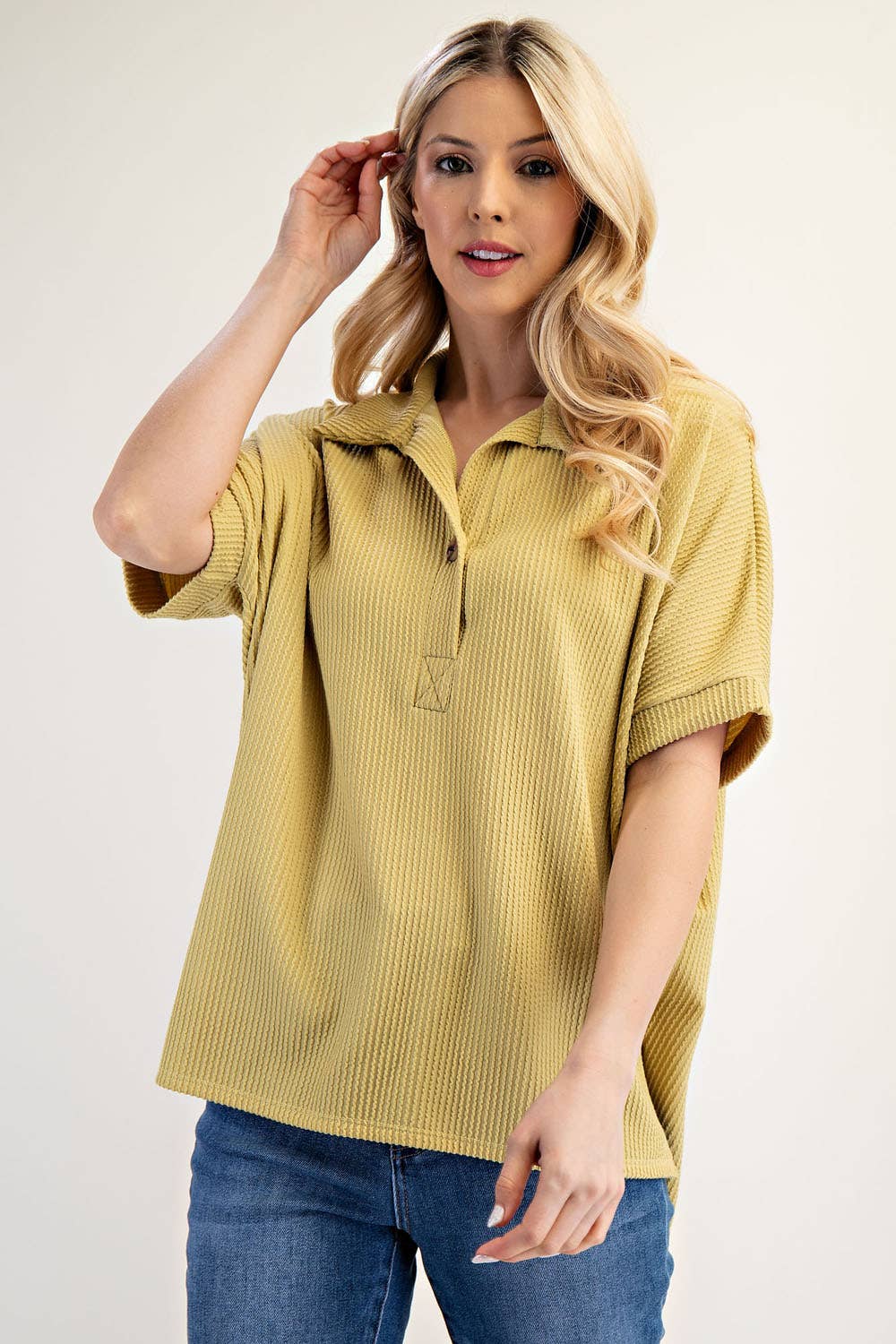 Celeste Clothing - Wholesale Knit Top - Women's - PLUS SIZE RIB KNIT COLLARED TOP WITH SHORT SLEEVES -CT239133