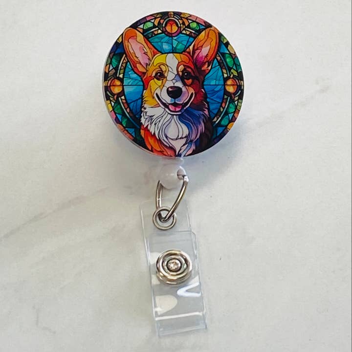 Falso Vitral Pembroke Welsh Corgi Porta-Crachá Retrátil por atacado de Spellbound Rose Creations